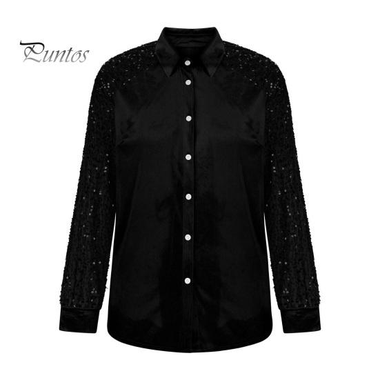 Soft Breathable Shirt Women Button-Down Lapel Long Sleeve Tops Solid Color Glitter Loose Fit Shiny Sequins Velvet Cocktail Party Wear Sweat-absorbent
