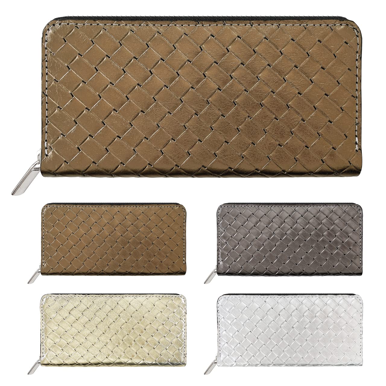 

Women s Genuine Leather Long Wallet with Card Slots, Coin Purse, Round Zipper, Metallic Braided [NB] Bronze