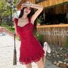 Sweet Red Short Skirt Women's Summer Seaside Vacation Flying Sleeves Straps Waist A-shaped Skirt Spice Girl Small Dress