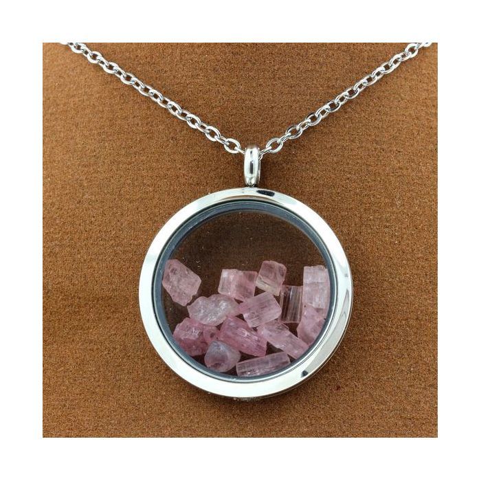 Pierres et Minéraux. Collier Tourmaline rose brut. Modèle Médaillon 20 mm. Couleur Argent.