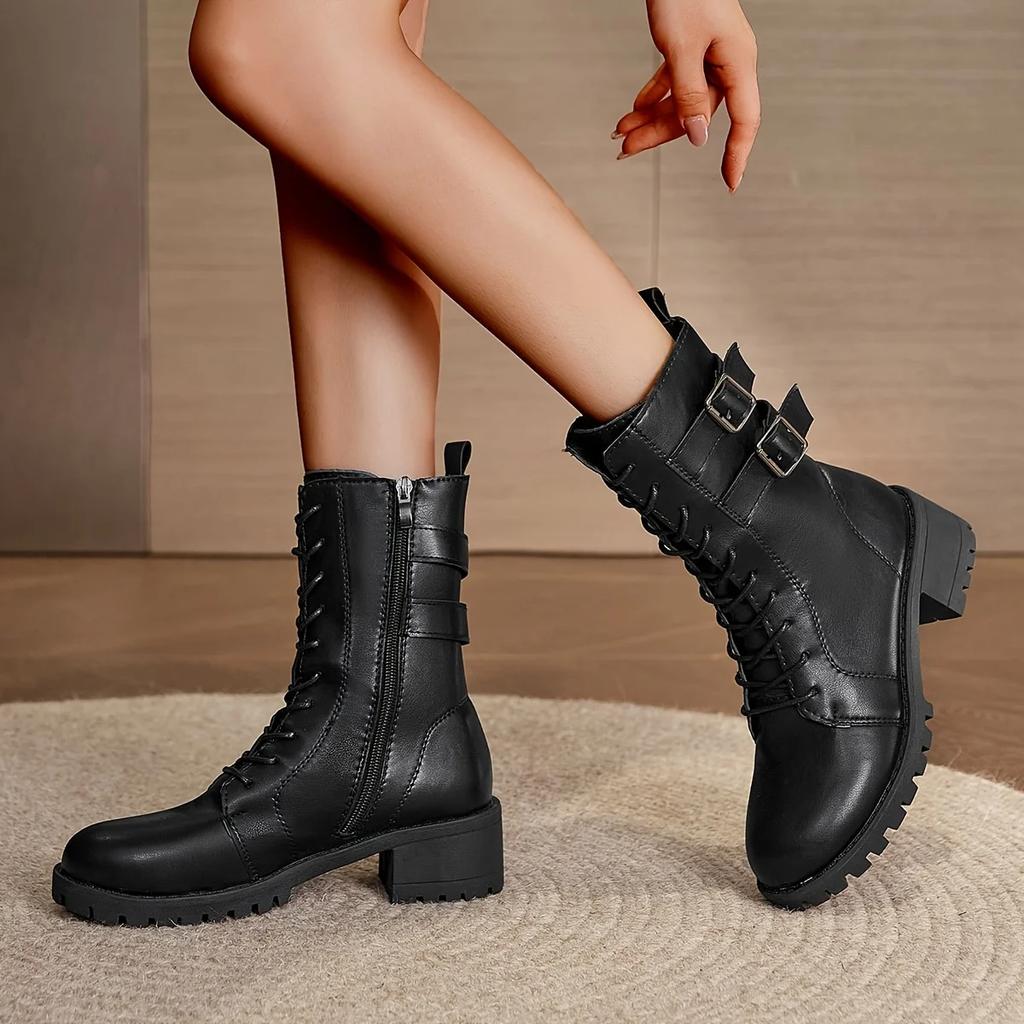 Women's Solid Minimalist Boots 2025 Winter Short Plush Shoes for Women Lace Up Chunky Heel Comfy Boots Versatile Mid Calf Boots