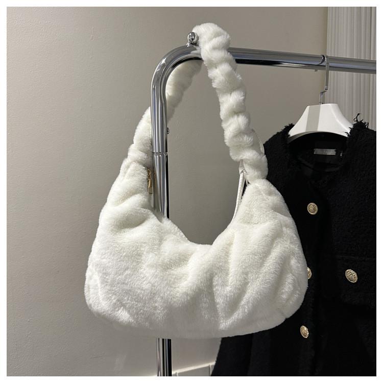 Solid Color Bow Decoration Plush Shoulder Bag With Zipper Closure For Daily Use