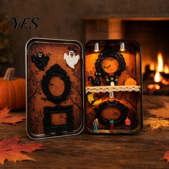 Reusable Small Storage Case DIY Mini Photo Frames Silhouette Tin Box, Halloween Miniature Box Picture Display Container for Party Home Decor