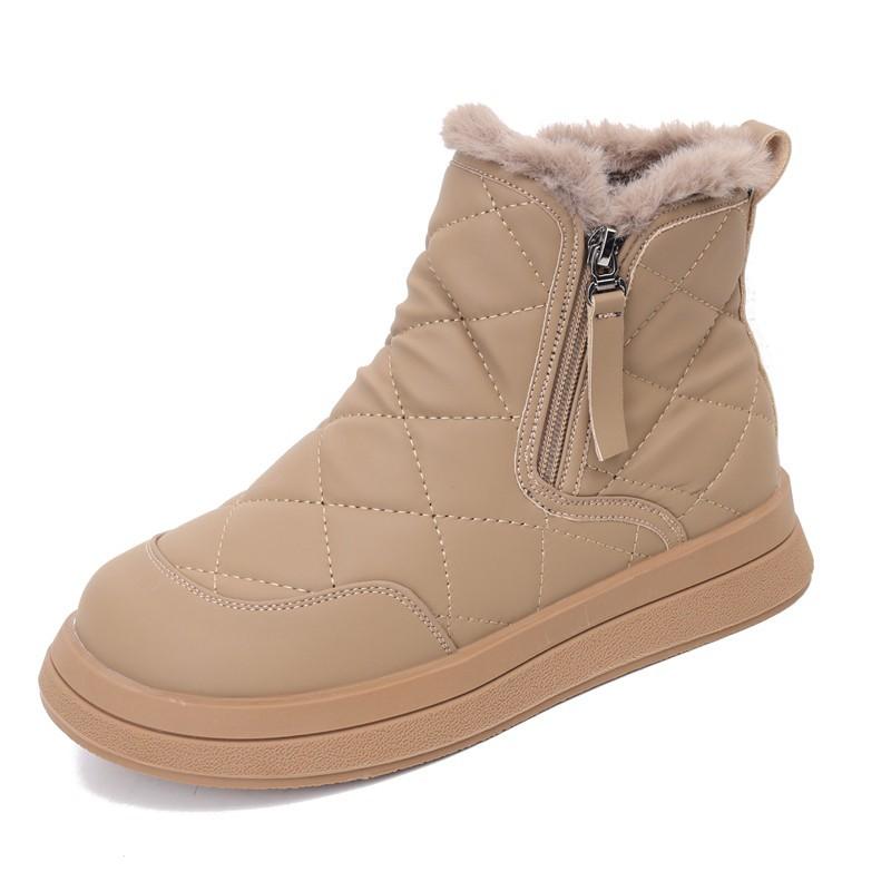 Leather flat-bottomed snow boots women's new winter velvet non-slip short boots large cotton thickened warm cotton boots