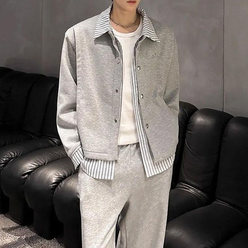 Stylish Fake Two Pieces Striped Sweatshirts Autumn Korean Spliced Men's Clothing Single-breasted Casual Turn-down Collar Hoodies