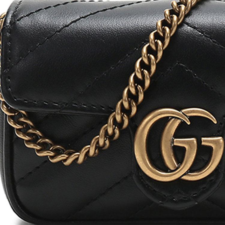 Gucci GG Marmont Logo Auriu Uzat Geantă de Umăr cu Lanț Piele Matlasată Portofel Mini Genți de Mână Femei Negru 575161-DTDCT-1000