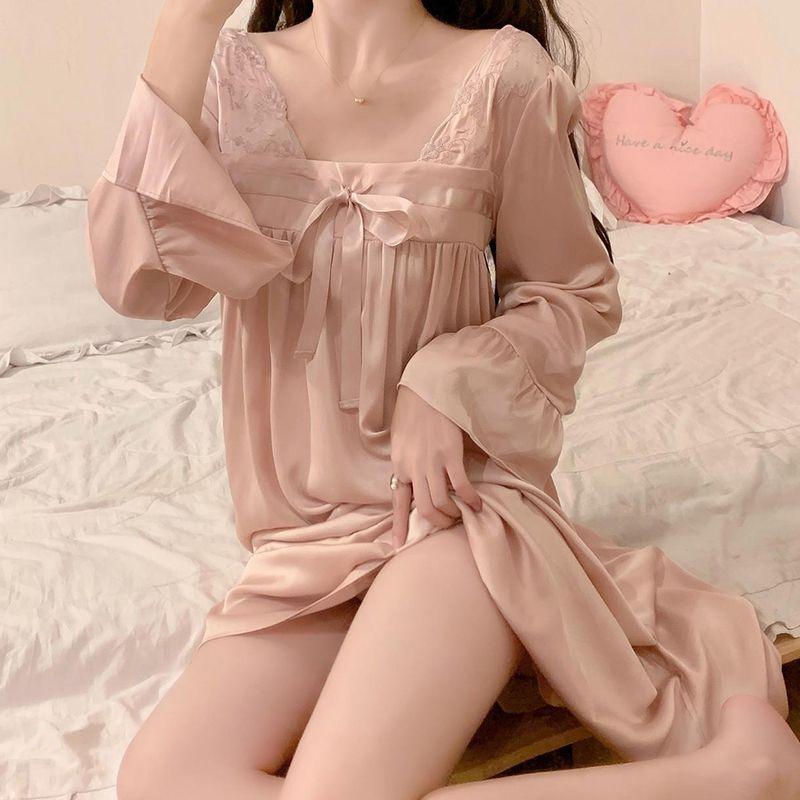 Ночная рубашка Pure Desire с вышивкой и квадратным вырезом из ледяного шелка с длинными рукавами для женщин весной, летом и осенью, элитная домашняя одежда L