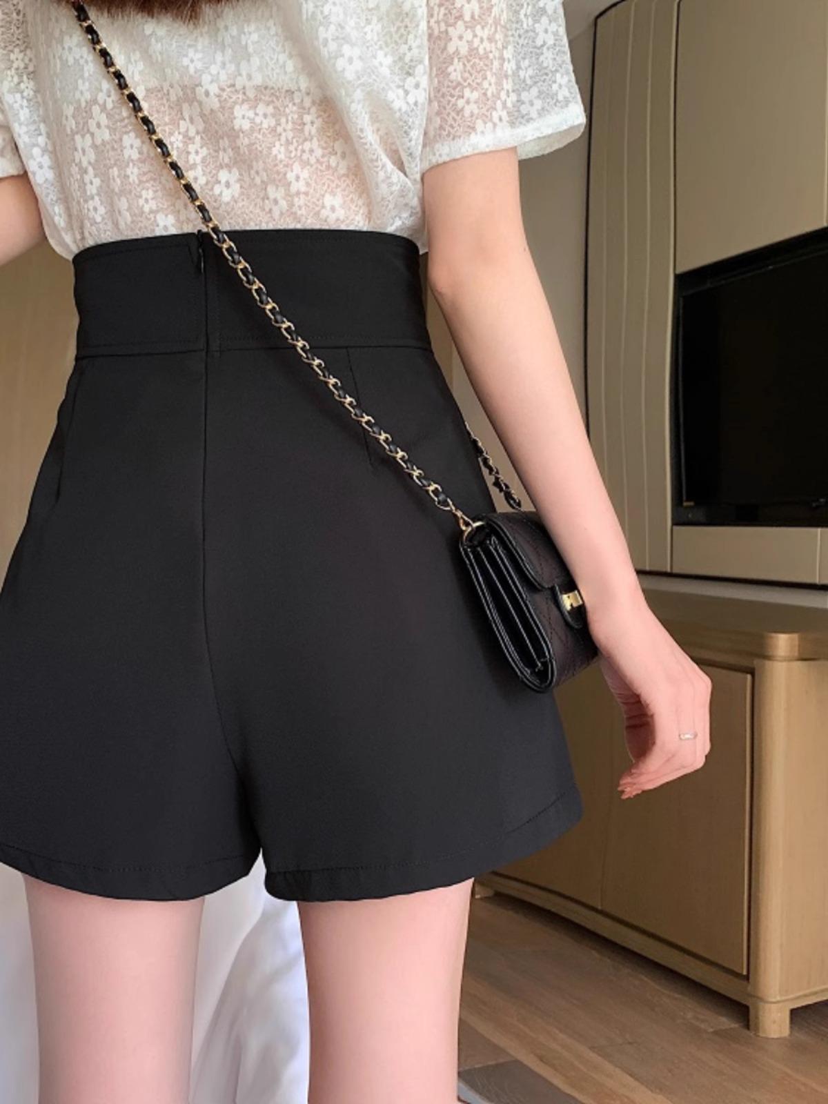 

High-Waisted Black Wide-Leg Slimming Casual Pants Skirt - Korean Style Spring Shorts, Polyester Fabric 3X Large чорний