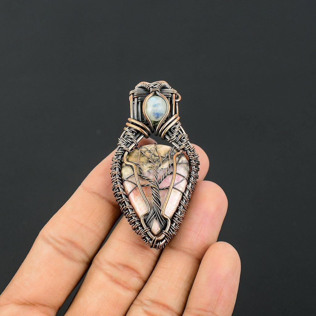 Crzay Lace Agate & Rainbow Moonstone 999 Copper Wire Wrapped Pendant Handmade Gemstone Jewelry, Gifts For Wife Brand New Pendant