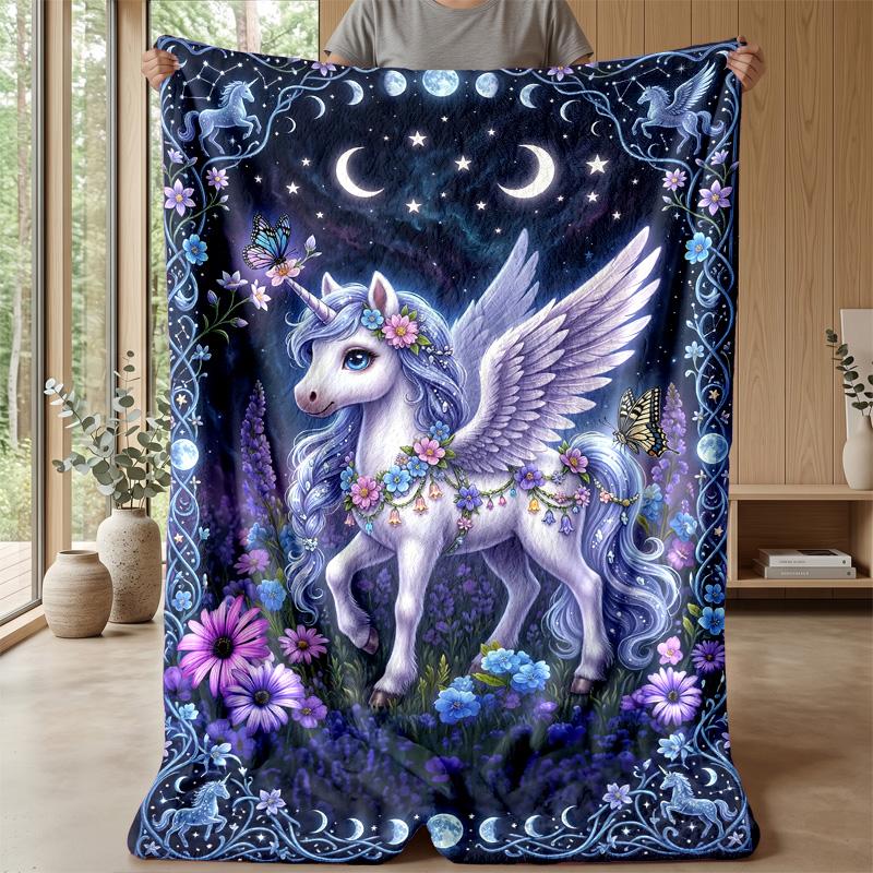 Winged Unicorn Moons Flowers Theme blanket Lightweight Warm Flannel Blanket Decorative Throw Blanket for Home Decoration