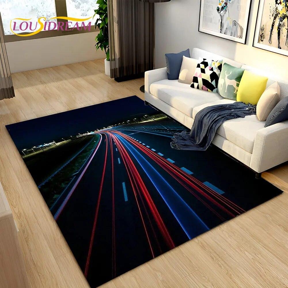 3D Neon Expressway Track Road Area Rug Large,Carpet Rug for Home Living Room Bedroom Sofa Doormat Decor,Kids Non-slip Floor Mat
