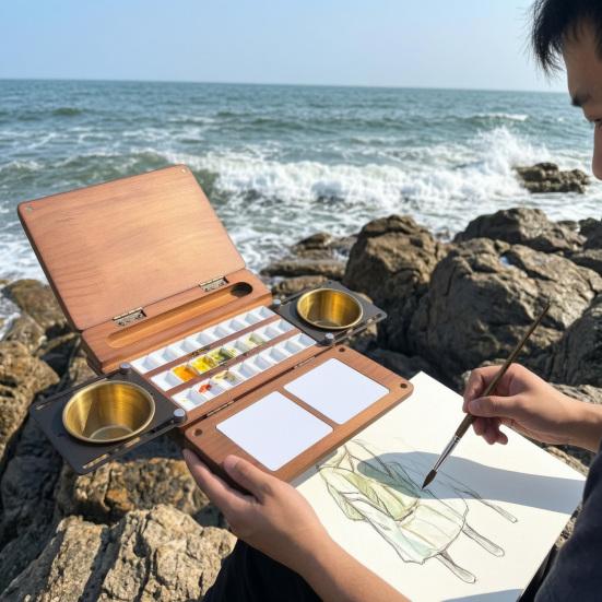 24-Fächer Aquarellpalette Box, Reise-Farbpalette mit Pinselhaltern, Zwei Mischflächen, Tragbare Holz-Farbkasten für Malen im Freien, Studio