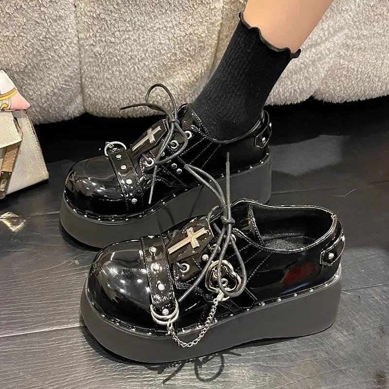 Black High Heels Woman Pumps Round Toe Platform Gothic Mary Jane Japanese Style Lolita Shoes for Women on Heeled Korean Casual
