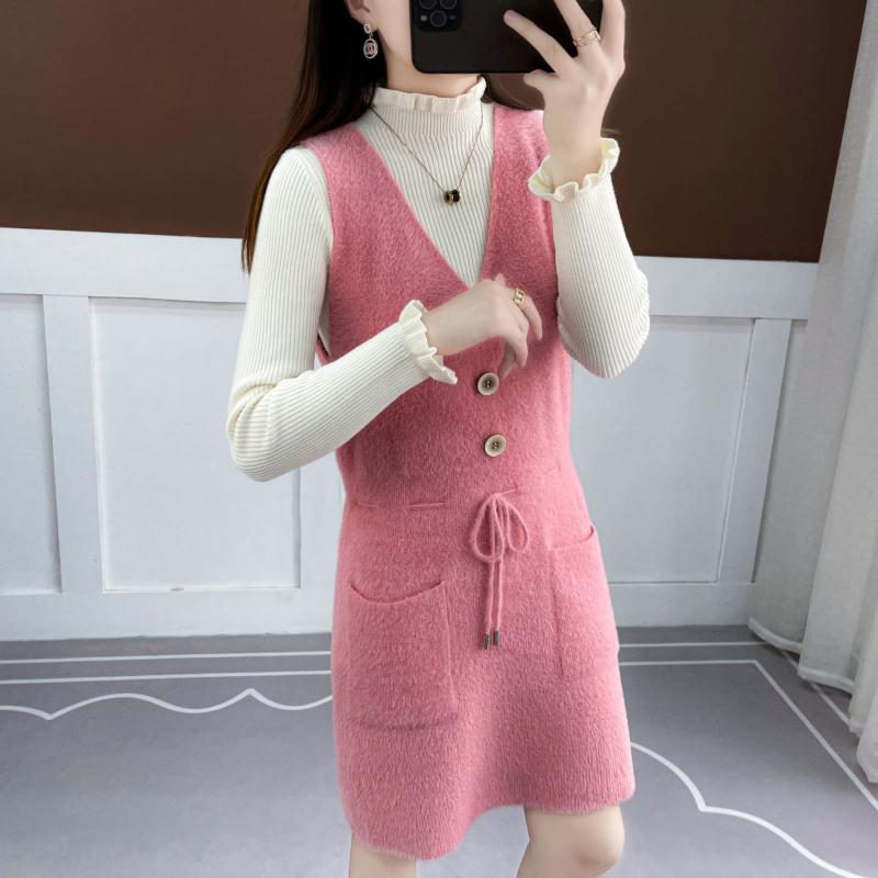 Faux Mink Knitted Waistcoat Spring and Autumn Mohair V-neck Vest Knitting Versatile Sleeveless Mid-length Casual Women's Dress