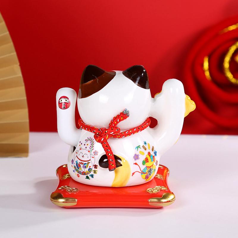 5.5 Inch Ceramic Maneki Neko Statue Solar Powered Beckoning Cat Waving Hand Lucky Cat Ornament Car Desktop Decoration Kitten