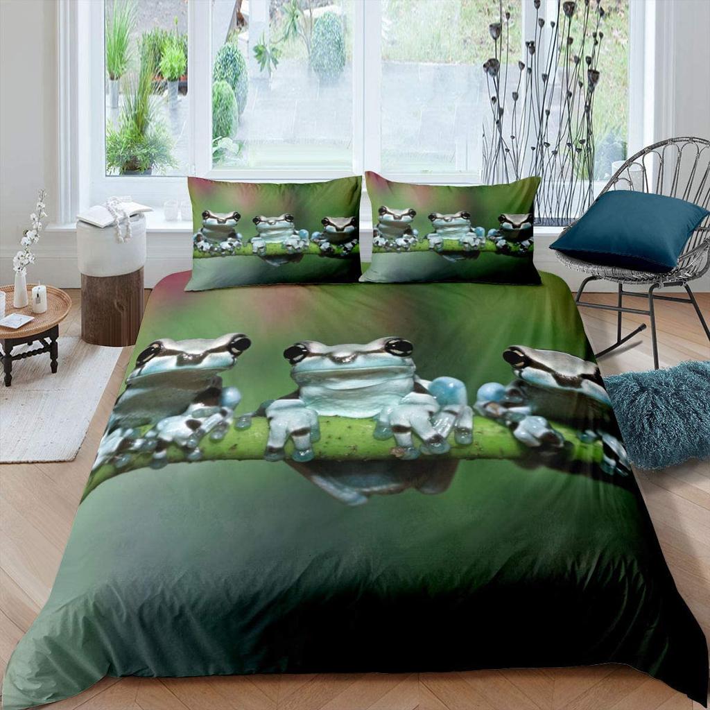 Frog Duvet Cover Set Cute Kawaii Cartoon Frog Pattern King Queen Size Polyester Comforter Cover With Pillowcase For Kids Girls