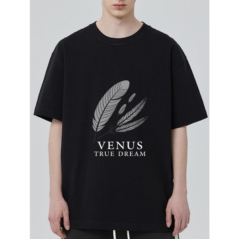 Black T Shirt With Feather Pattern And Venus True Dream Text For Casual Wear