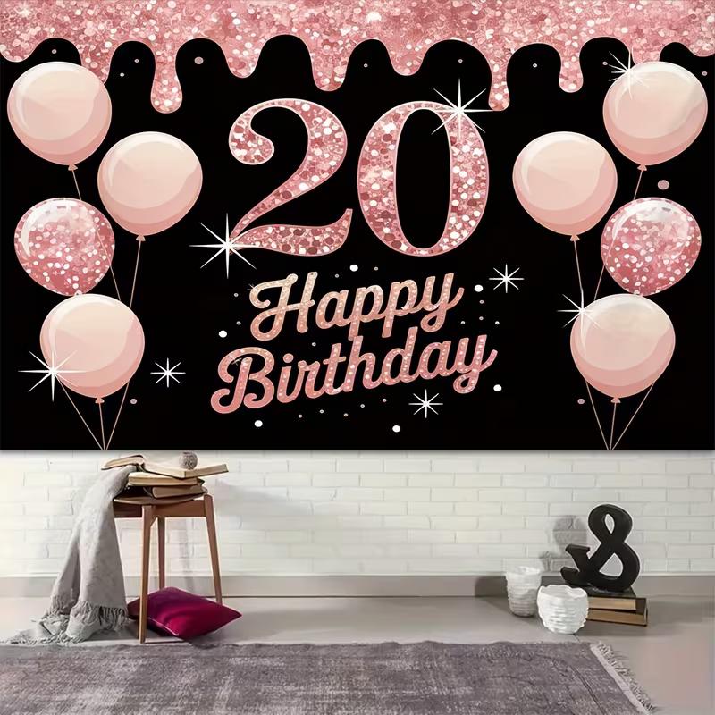 2D Black & Rose Gold Glitter 20th Birthday Party Decoration Background