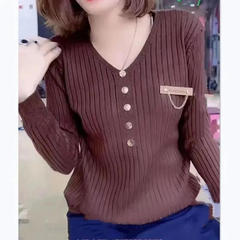 Podzimní a zimní svetr v korejském stylu s výstřihem do V Dámská móda Volný svetr Univerzální košile se spodním okrajem