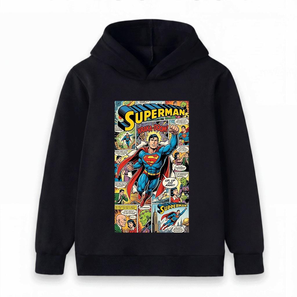 Kids Boys Girls Pullover Hoodie, Retro Comic Print Long Sleeve Casual Hooded Sweatshirt for Super Hero Themed Daily Wear