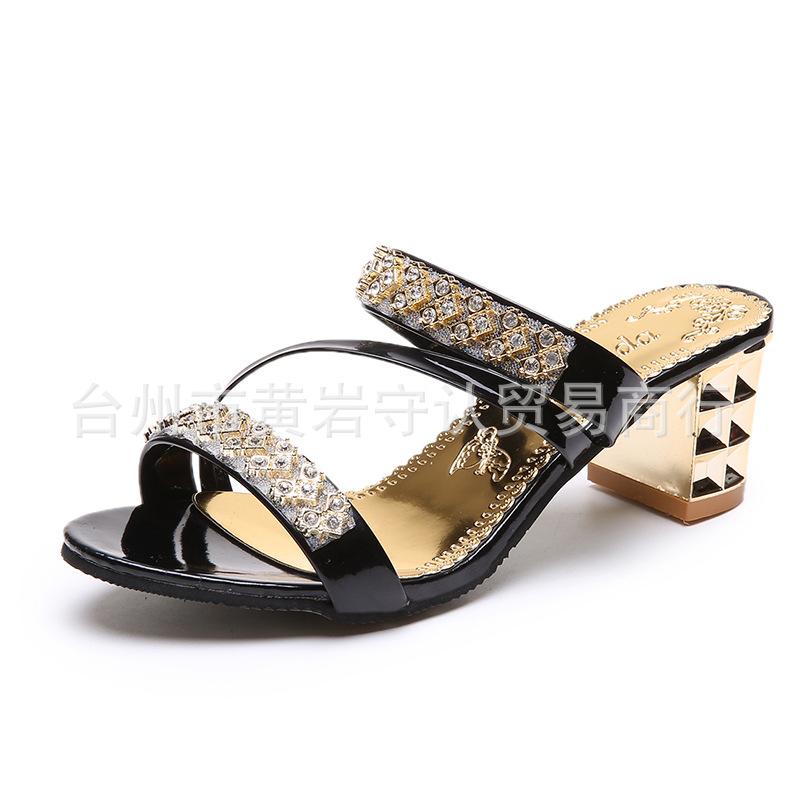 Fashion Square Heel Women's Slides with Rhinestone, Korean Summer Ladies Sandals Mid Heel Women Shoes Large Size Slippers Women