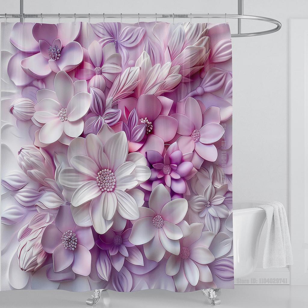 3D Red Floral Shower Curtain Set Pink Flower Design Fabric Bathroom Decor Waterproof Washable Shower Curtain Set with Hooks