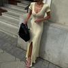 Women's Deep V Neck Short Sleeve Knit Maxi Dress Slim Fit Front Split Bodycon Mermaid Gown