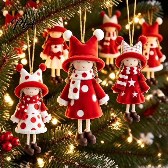 Lightweight Wood Ornaments Red And White Doll Hanging Pendants for Christmas Tree, Decorative Wooden Girls Decorations Ornament, Seasonal Tree