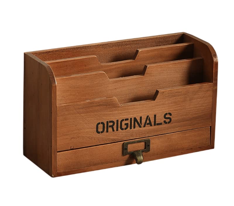 Ansimple Vintage-Style Natural Wooden Small Magazine Rack with Drawer - Stylish Decor