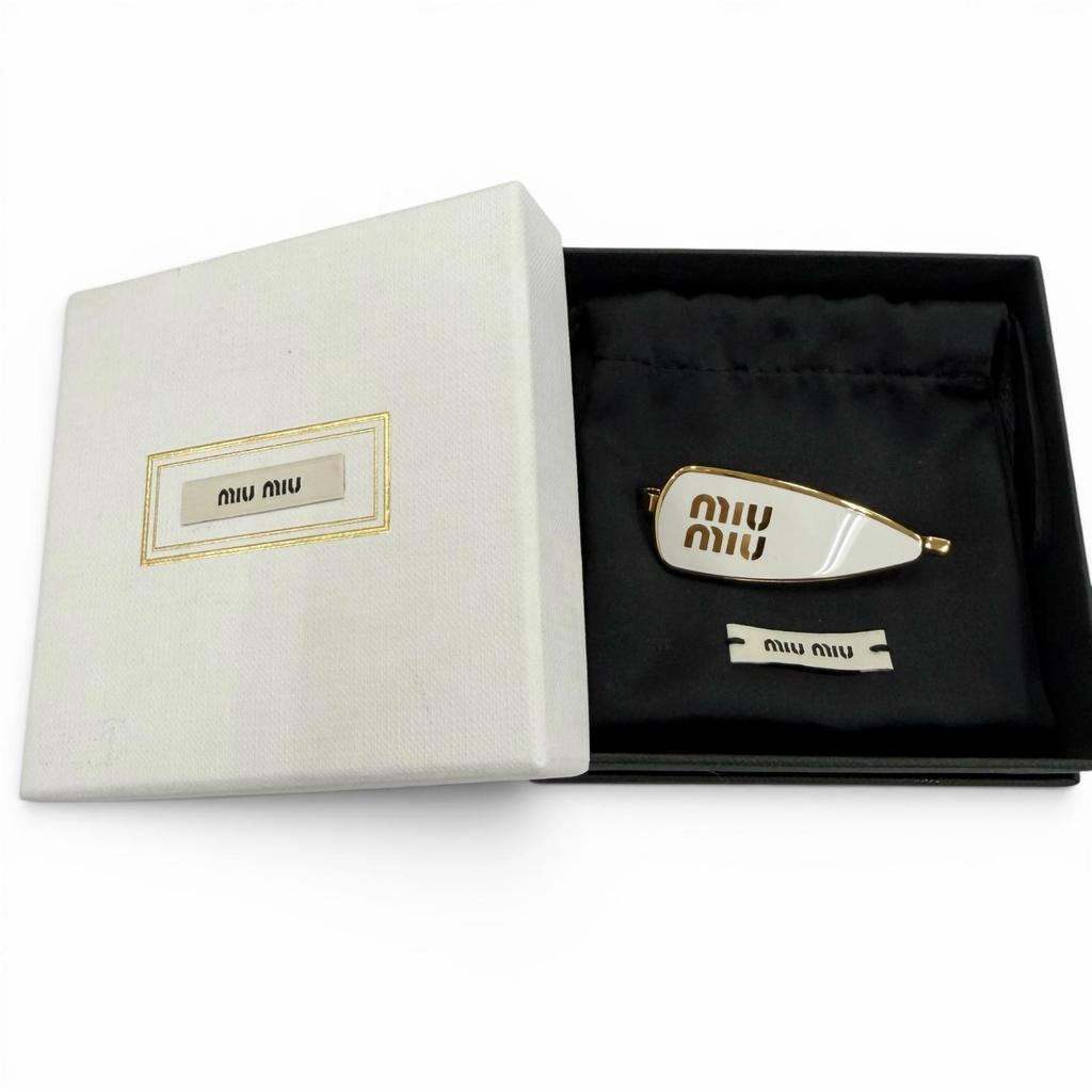 Great MIUMIU Hairpin Enamel Metal Hair Clip Logo Hair Accessories White 5IF147 Used