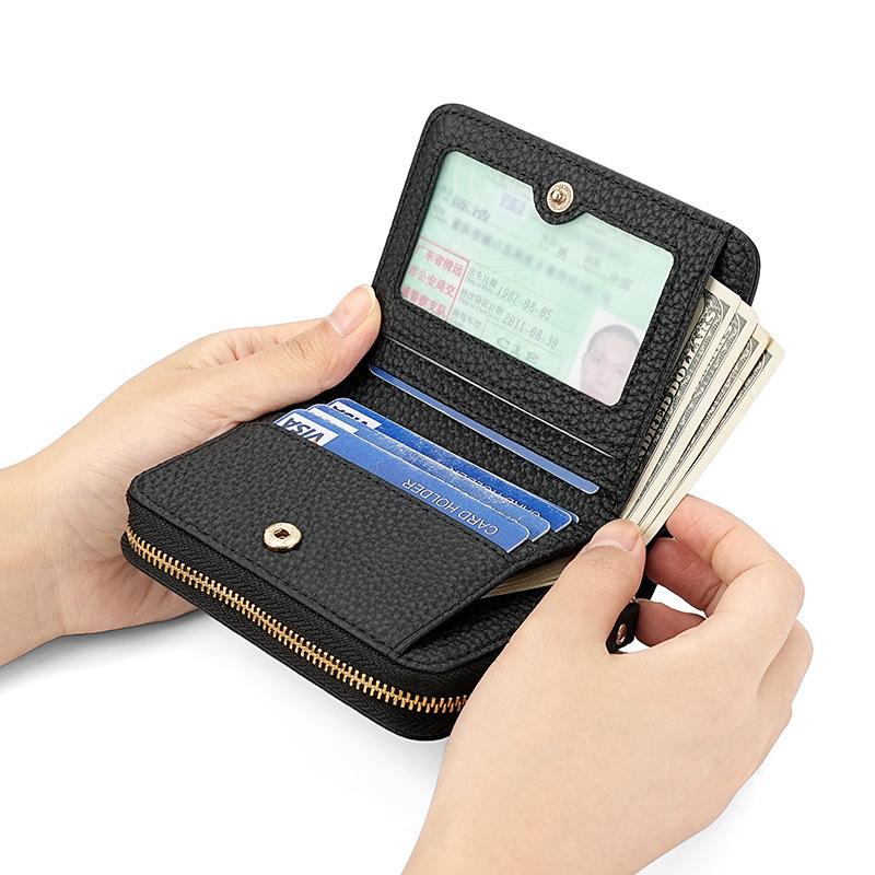 Kadınlar için hakiki deri küçük cüzdan hakiki deri RFID engelleme kredi kartı tutucu şık fermuarlı el çantası kısa bozuk para cüzdanı