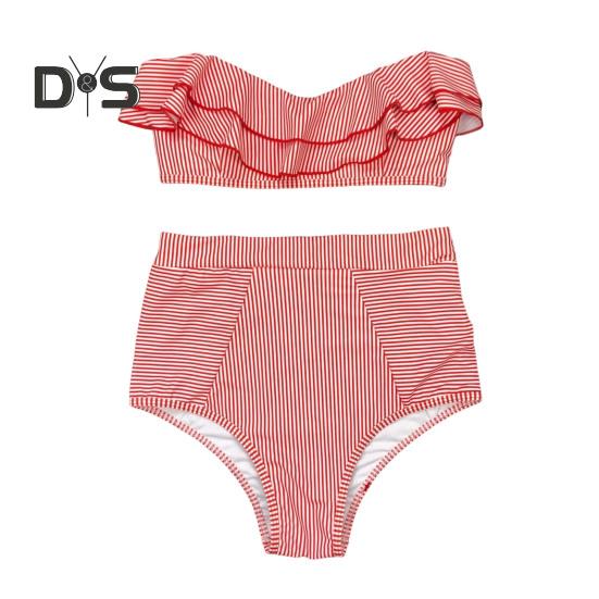 

2 шт./комплект пляжный комплект бикини с оборками в полоску пэчворк танкини с высокой талией раздельный пляжный эластичный быстросохнущий купальный костюм S красный