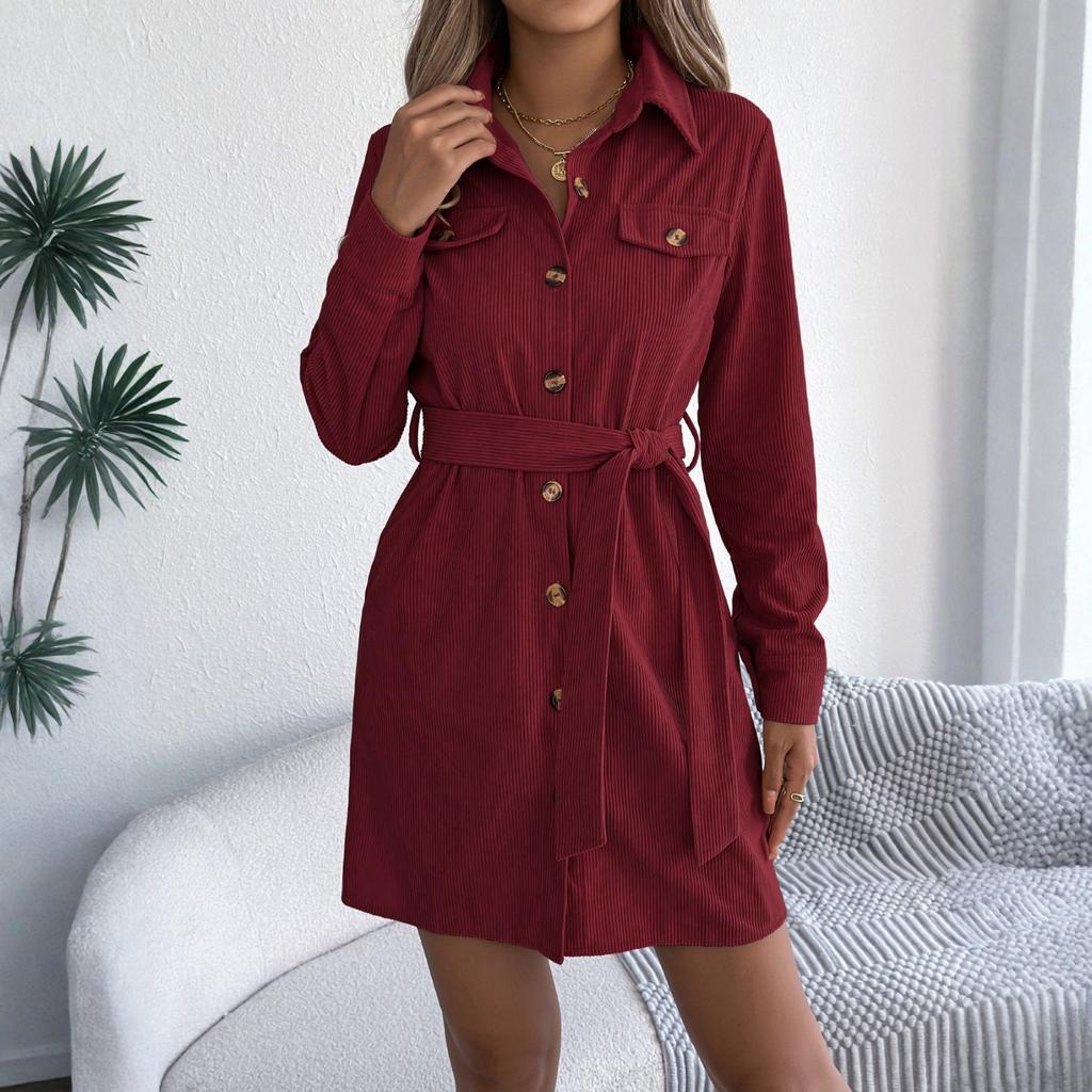 Women's Fashion Casual Solid Color Single Breasted Long Sleeved Lace Shirt Dress