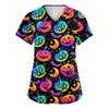 Women's V-Neck Short Sleeve Scrub Top with Pockets Halloween Print for Work