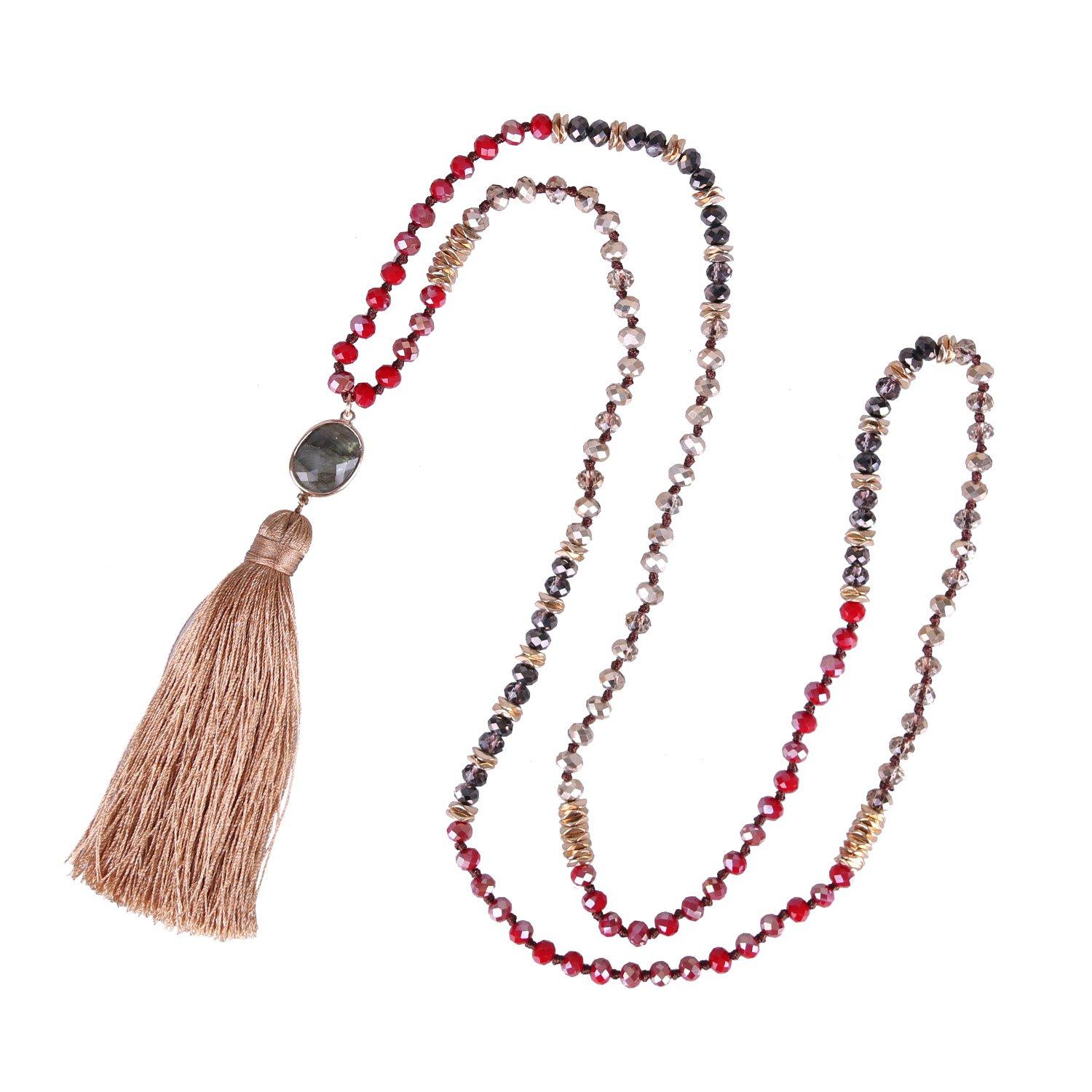 Kelitch 6MM Crystal AB Bead Long Necklace Color Tassel Agate Pendant Women s Strand Bracelet for Summer (Apricot)
