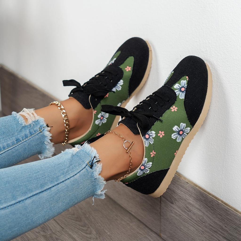European and American large-size flat-bottom printing fashion board shoes women's new casual flower front lace-up single shoes
