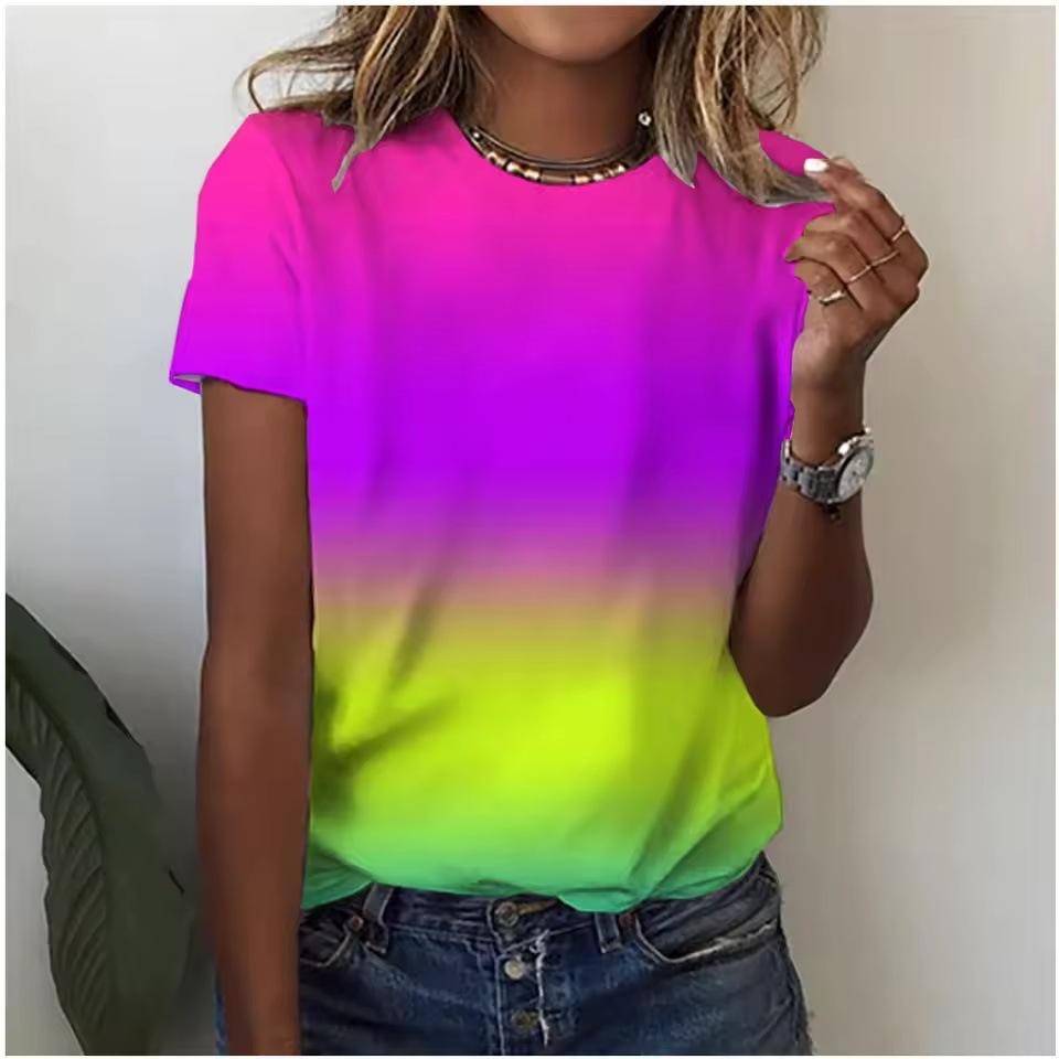 Summer Round Neck 3D Gradient Print Top Fashionable Casual Short Sleeved Women's T-shirts