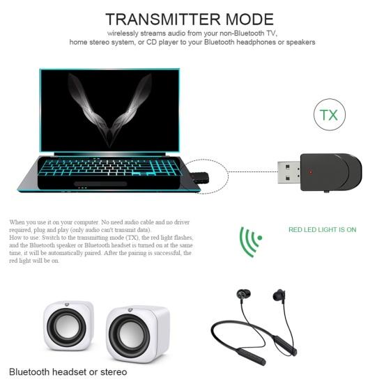 Bluetooth 5 Stereo Receiver USB 3.5mm Audio Transmitter AUX Adapter for TV PC