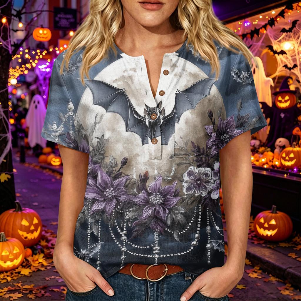 Women's Casual Halloween Print V Neck Short Sleeve Button Detail Three Quarter Sleeve T Shirt Top for Everyday Wear