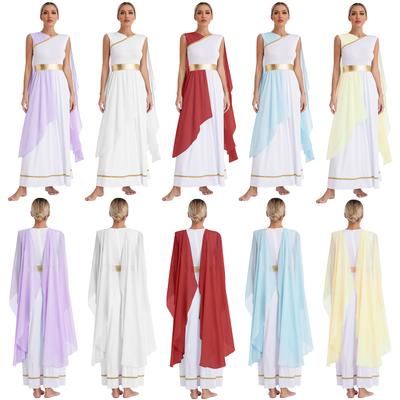 Damen Halloween Griechische Schönheit Cosplay Kostüm Chiffon Kurzarm Goldene Verzierungen Antikes Toga Römisches Kleid