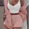 Women's Loose Fit Three Piece Loungewear Long Sleeve Fuzzy Cardigan V Neck Tank Drawstring Waist Shorts Winter Solid Tracksuit