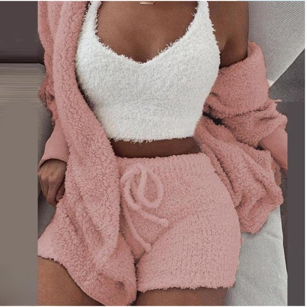Women's Loose Fit Three Piece Loungewear Long Sleeve Fuzzy Cardigan V Neck Tank Drawstring Waist Shorts Winter Solid Tracksuit