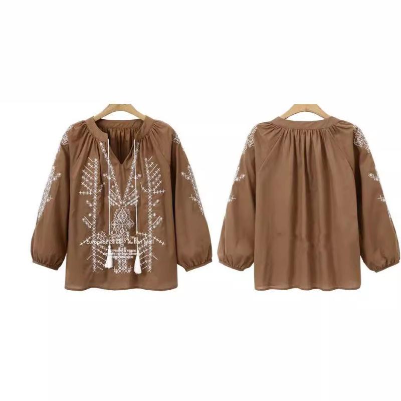 Tooxika New Large Size Women's Tops Ethnic Style Embroidered Blouse Tassel Drawstring Shirt