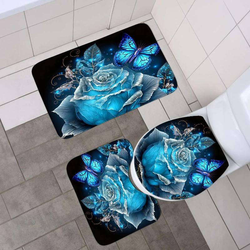 4-piece Set of Blue Fairy Flower Print 12 Hook Waterproof Shower Curtain, Bathroom Floor Mat, U-shaped Mat, Toilet O Cover Mat