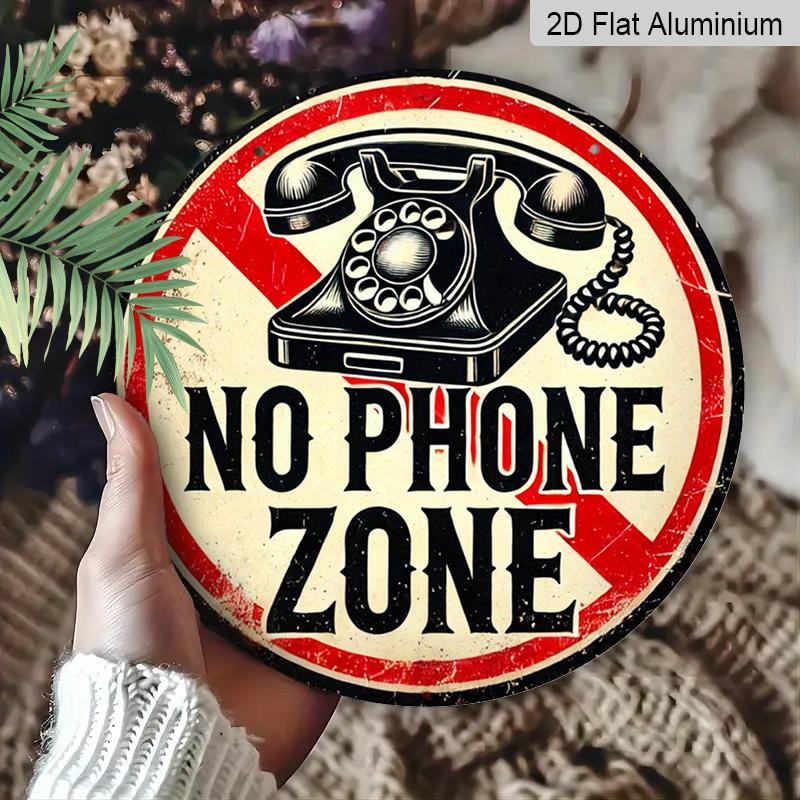 2D Flat 1pc, 8x8 in, No Phone Zone Round Aluminum Metal Sign - HD 2D Print, Perfect for Bedroom, Office, Living Room & Cafe Wall Decor - for Home