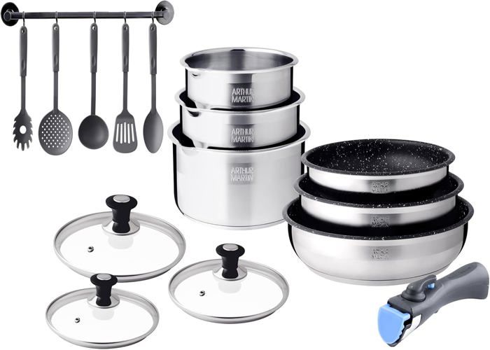 Batterie de cuisine - Arthur Martin - 15 pièces - Acier inoxydable - Poignée détachable - Anti-adhésif