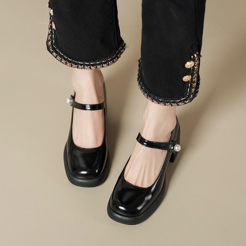 Genuine Leather Mary Jane Shoes Thick Heel Single Shoes for Women's Spring New High Heels Pearl Buckle Retro Shallow Mouth Fairy Shoes