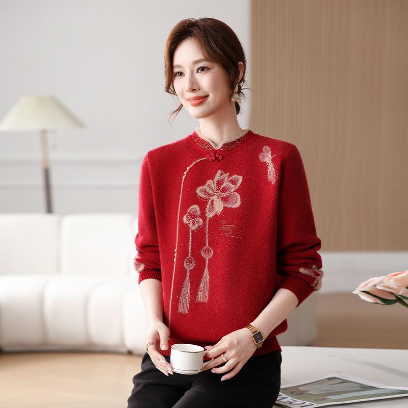 Mamas Pullover mit Frühlingsplüsch-Unterhemd, rotes Oberteil für mittelalte und ältere Damen.