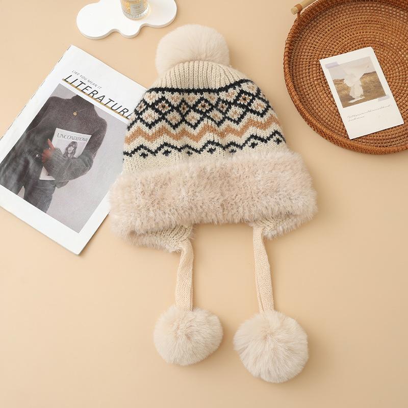Fair Island Style Winter Plaid Bright Silk Plus Velvet Hat Versatile Sweet Ball Hat Outdoor Travel Cold Warm Hat Korean