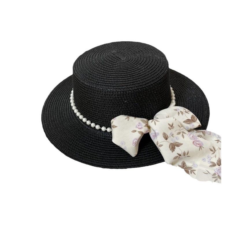 Pearl Bow Floral Strap Straw Hat Women's Summer Travel Beach Sunshade Sun Protection Versatile Flat Top Wide Edge Sun Hat